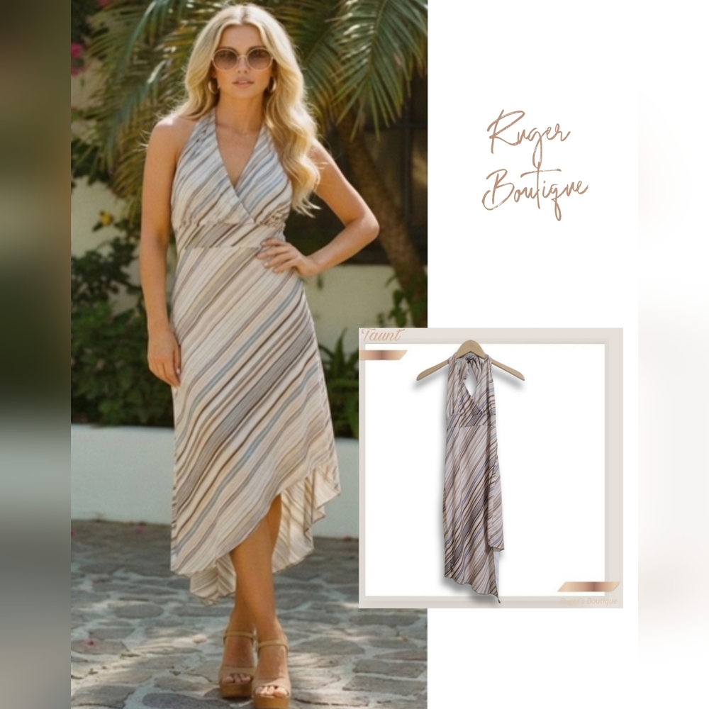 🌿Taunt Women's Medium Striped Halter Faux Wrap Dress With Back Ties-Very Cool!